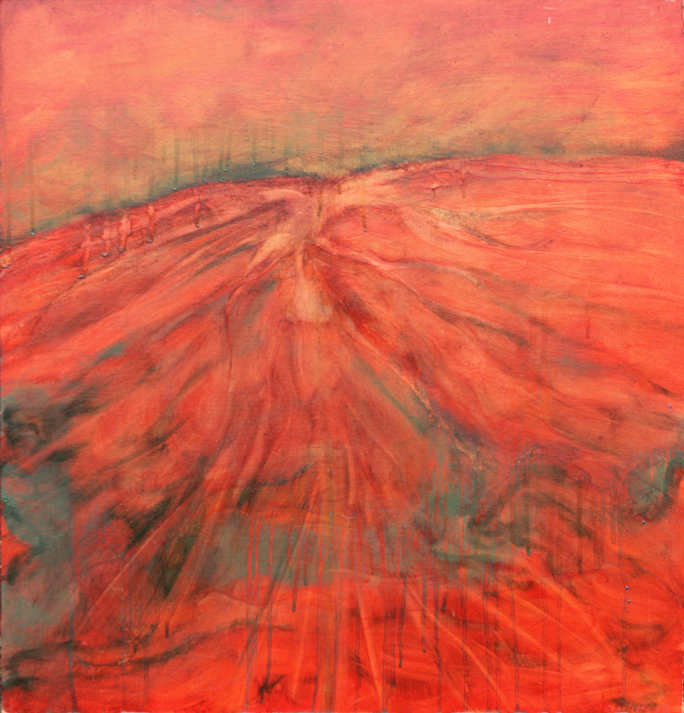 A red, abstract painting with green veins radiating out form the centre point of a blurry horizon line. The painting is covered in tiny red and green dots like freckles.